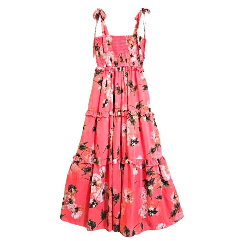 Nwot Stylish Nature Coral Pink Floral Smocked Elastic Bodice Tiered Maxi…